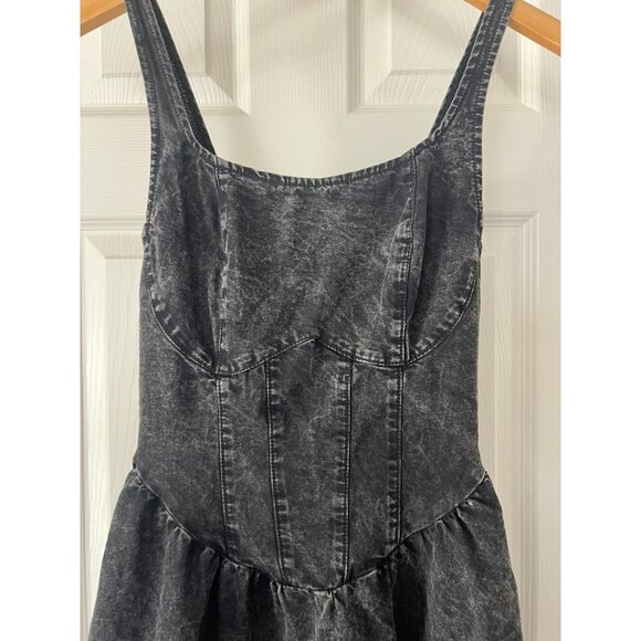Shein Black Acid Wash Denim Mini Dress Corset Fit & Flare Sleeveless XS - Picture 2 of 5